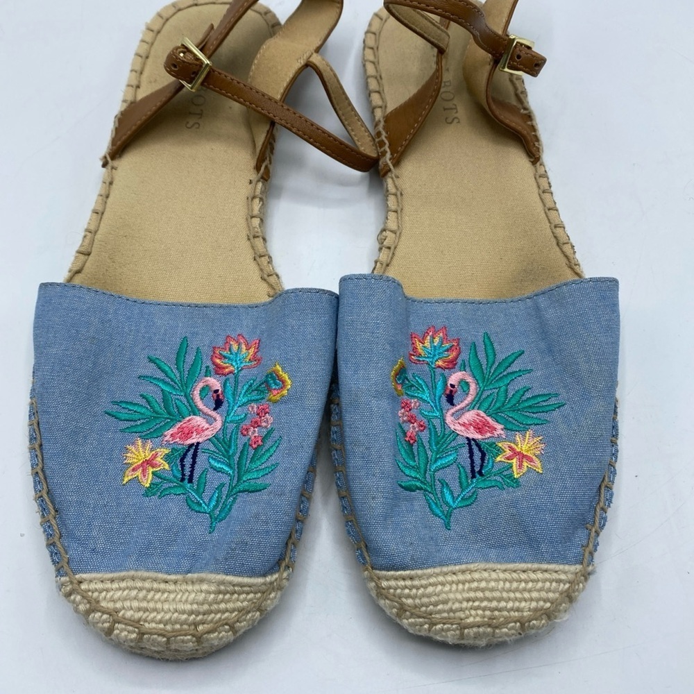 Flamingo Tropical TALBOTS Izzy Espadrille Sandals Blue Chambray Embroidered 9.5 - Picture 4 of 7